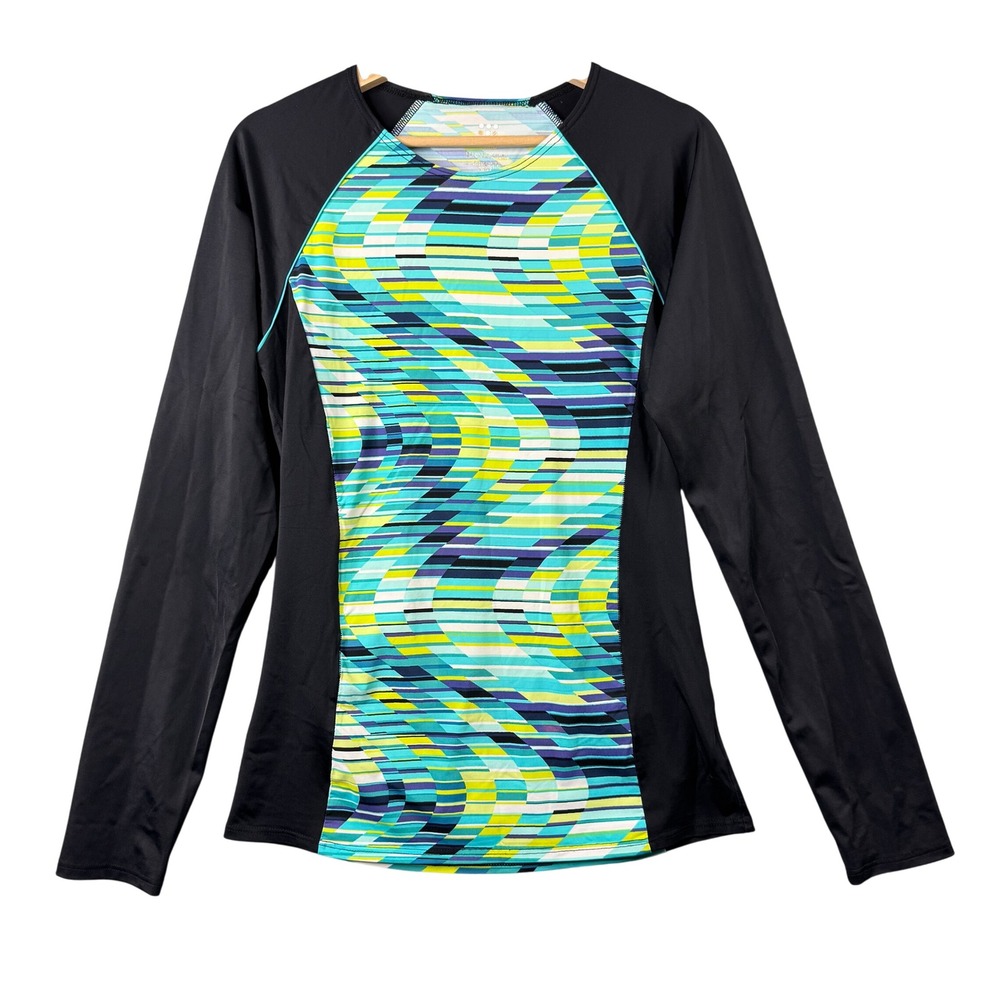 Title Nine Women's Size XL Rash Guard Long Sleeve Swim Top Geometric Black Teal